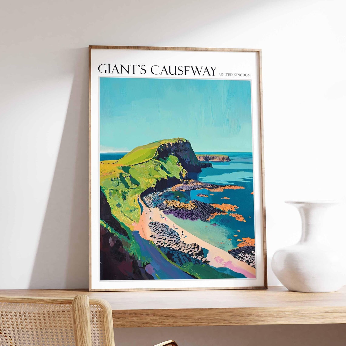 Giants Causeway Elevated Bay View Green Cliffs Scenic Art Poster
