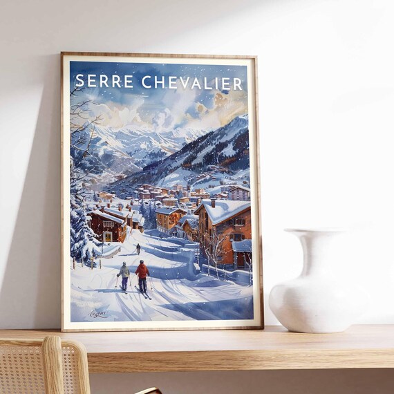Serre Chevalier France Two Skiers Heading To Village Snowy Peaks Poster