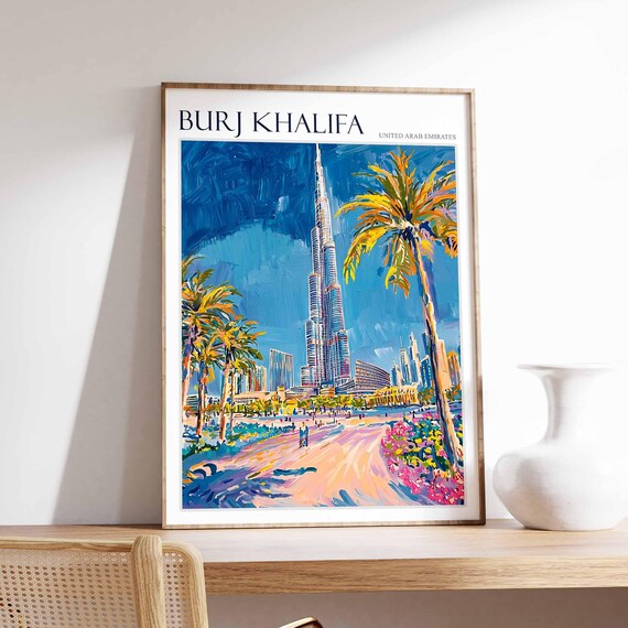 Burj Khalifa Poster United Arab Emirates Wall Art Arabian Travel Print Tropical Decor Burj Khalifa Travel Poster City Print