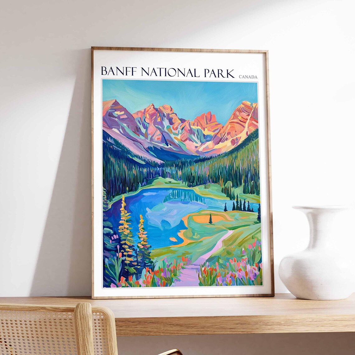 Banff National Park Canada Pink Peaks Lake and Wildflowers Art Poster