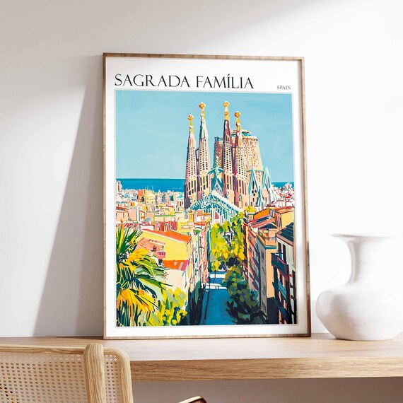Sagrada Famlia Poster Sagrada Famlia Travel Print Spain Wall Art Spanish Travel Print Tropical Decor Botanical Print Spain Gift