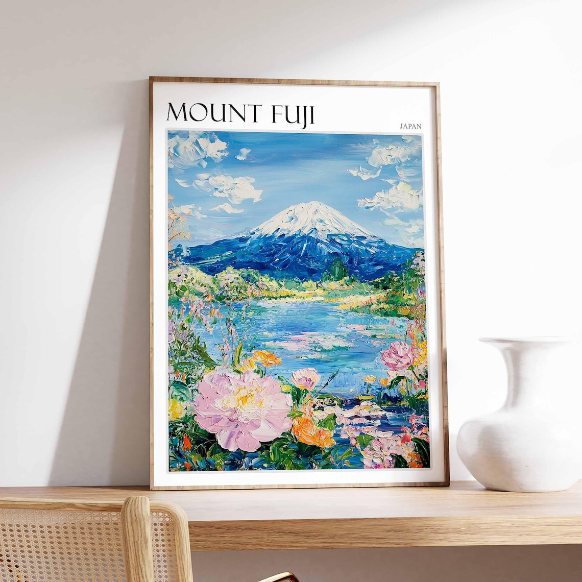 Mount Fuji Japan Lake Reflection with Pink Peony Blooms Travel Poster