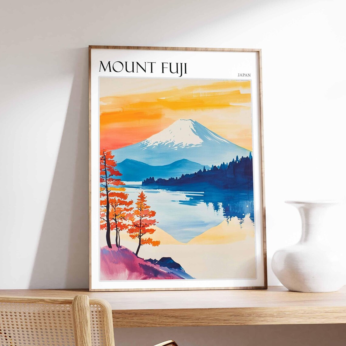 Mount Fuji Japan Orange Sunset Pines Lakeside Watercolor Poster