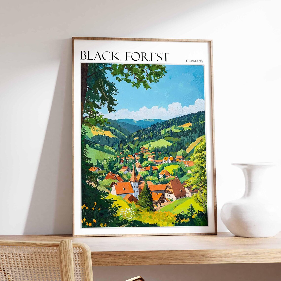 Black Forest Germany Red Roof Village in Valley Painting Poster
