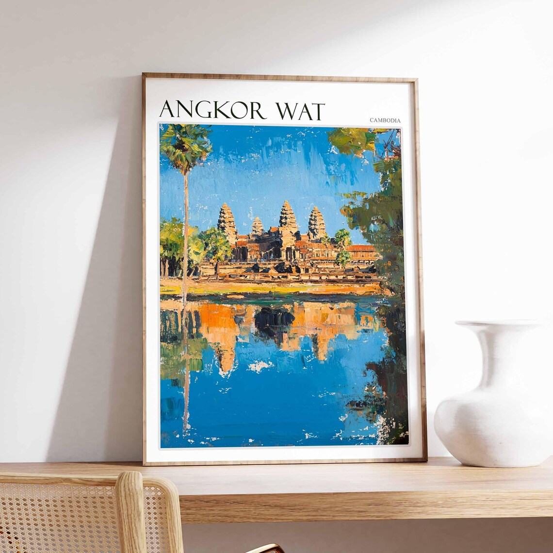 Angkor Wat Cambodia Ancient Temple Palm Painting Travel Poster