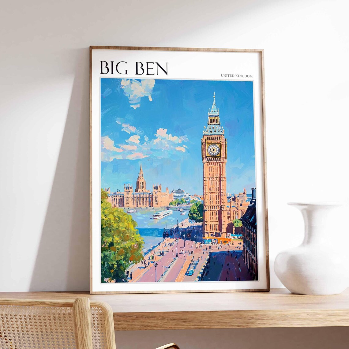 Big Ben United Kingdom Aerial Thames View With Boats Art Poster