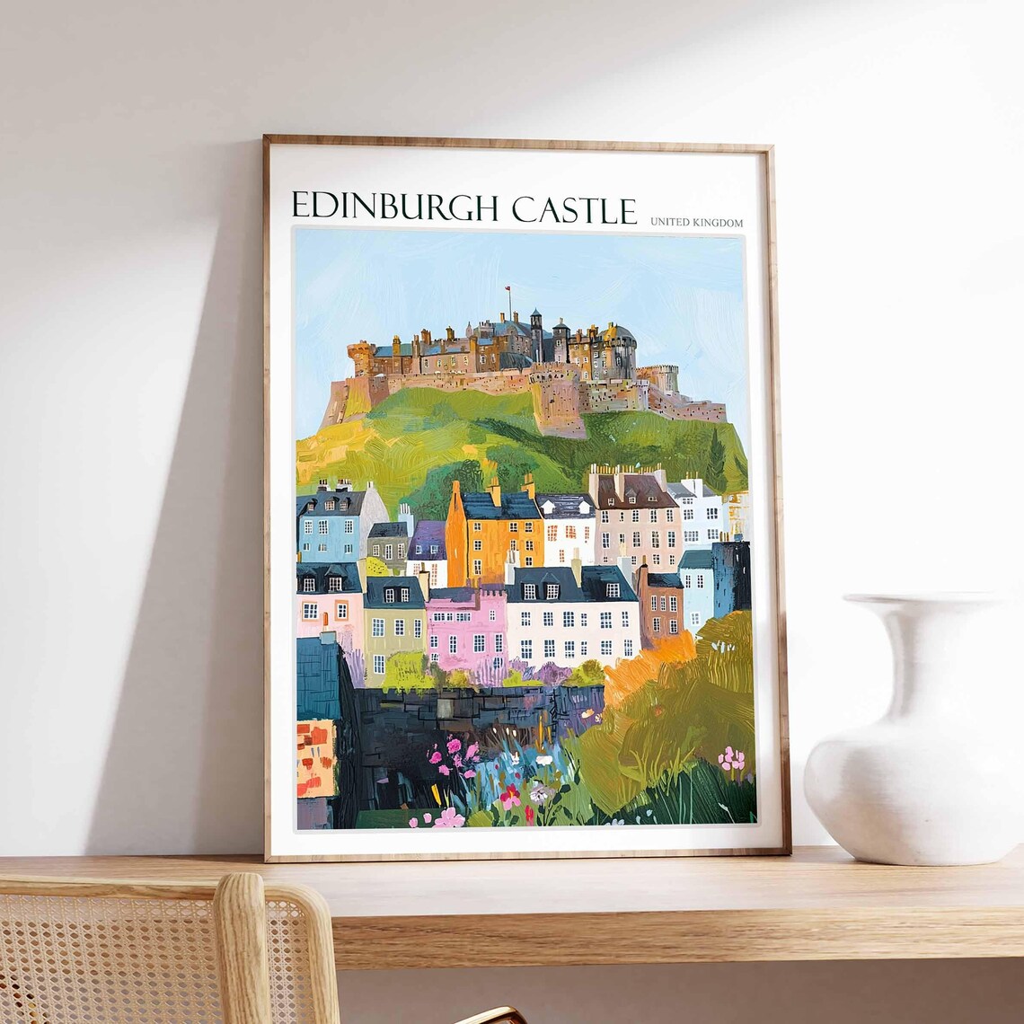 Edinburgh Castle United Kingdom Pastel Terraced Houses Floral Poster
