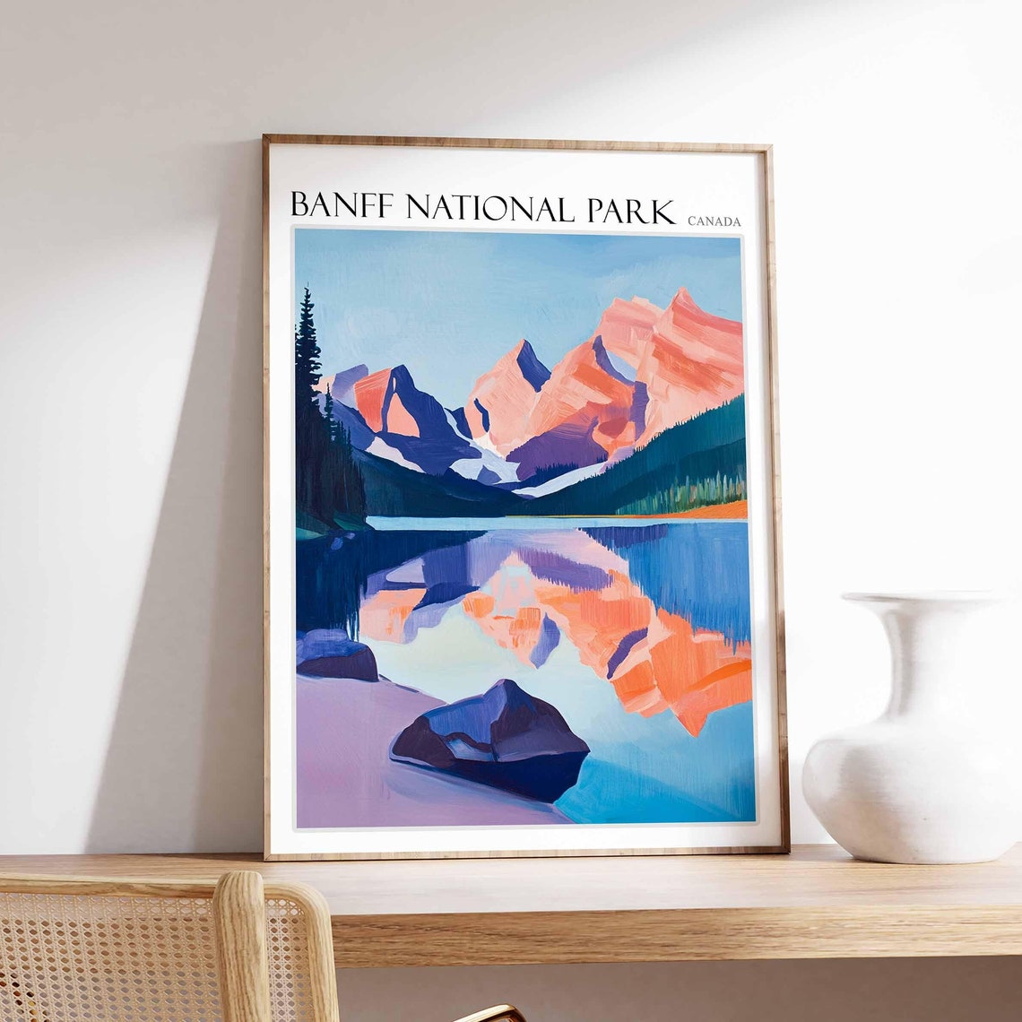 Banff National Park Canada Pink Peaks Lake Reflection Poster