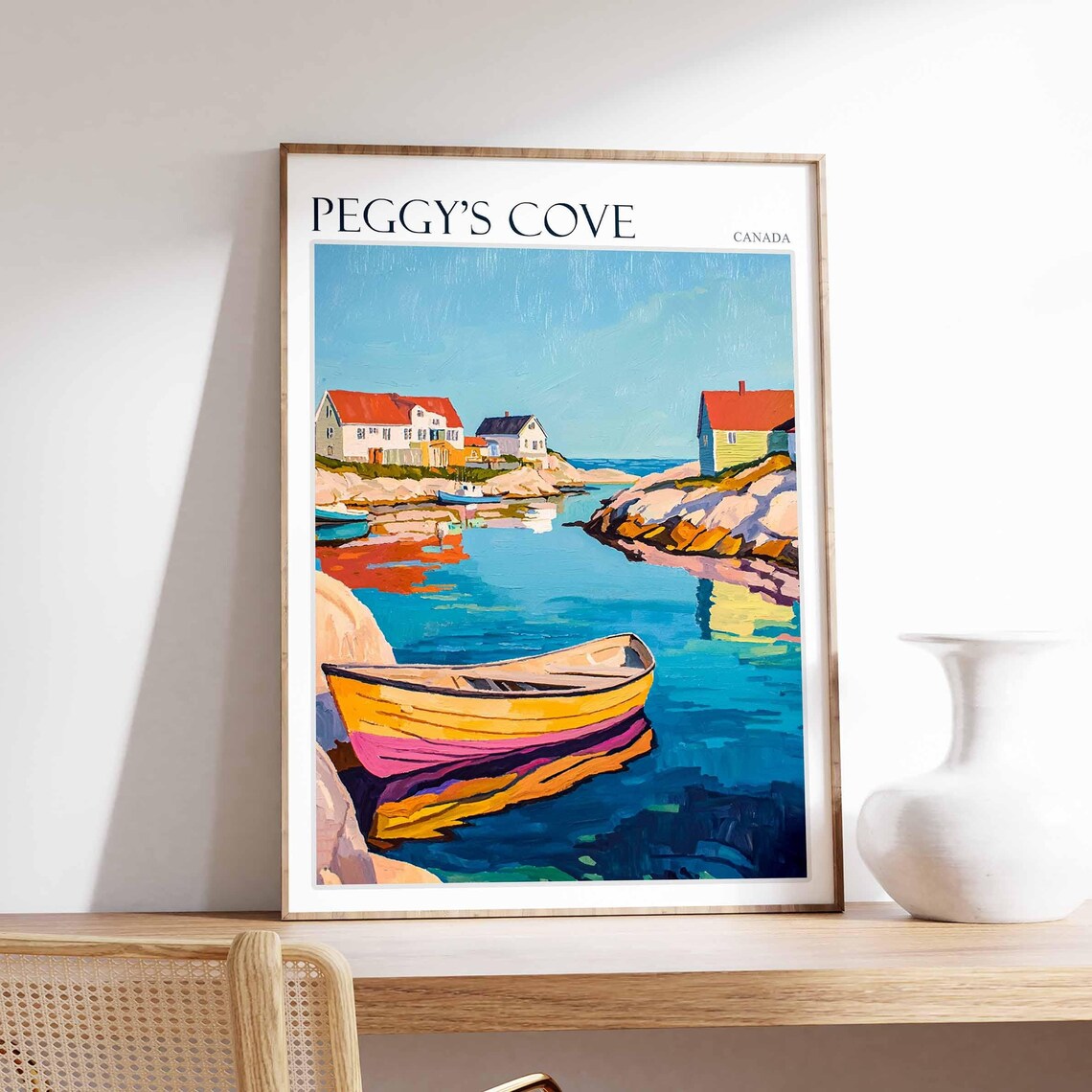 Peggy's Cove Canada Yellow Rowboat and Red Roof Houses Poster