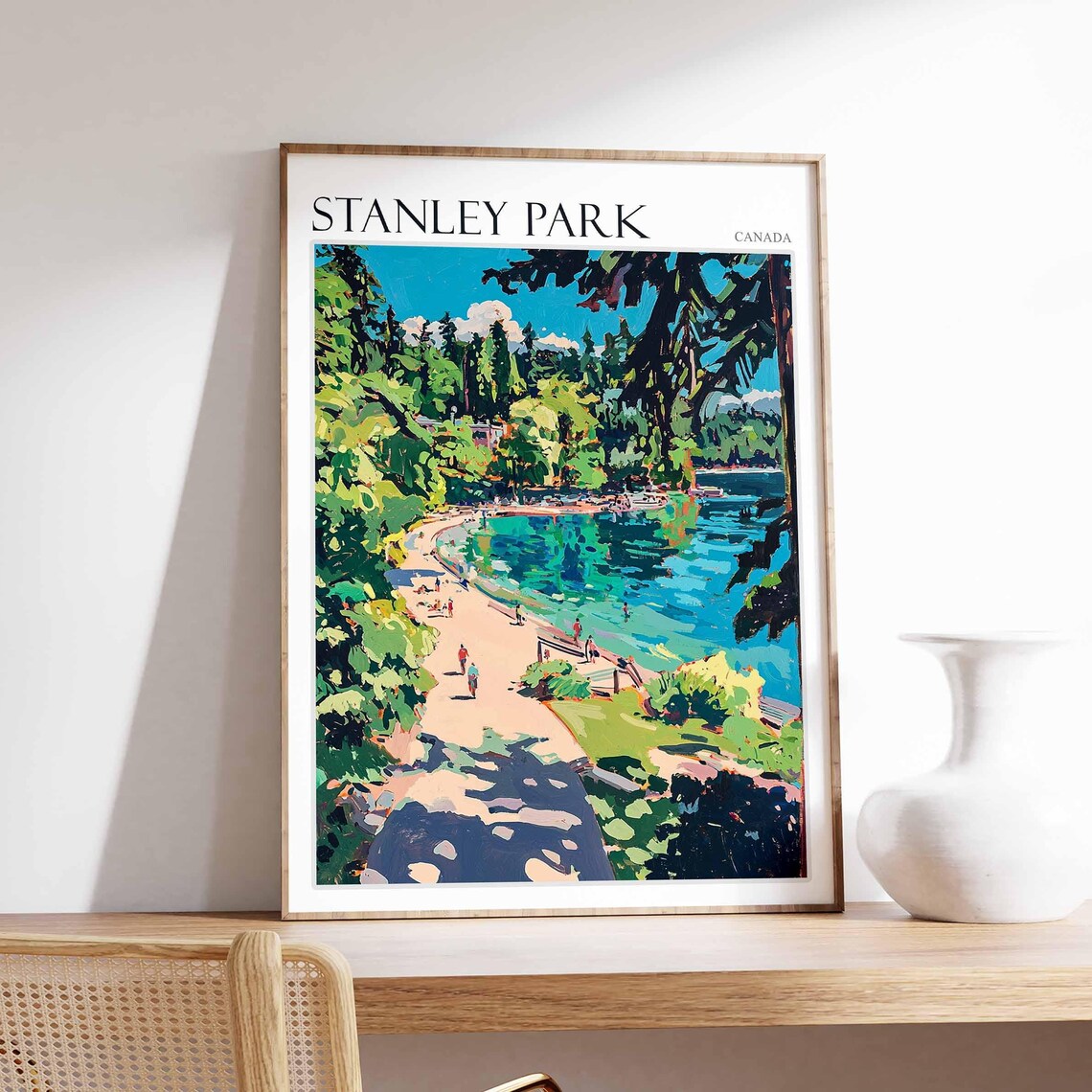 Stanley Park Vancouver Seawall Beach Colorful Art Travel Poster