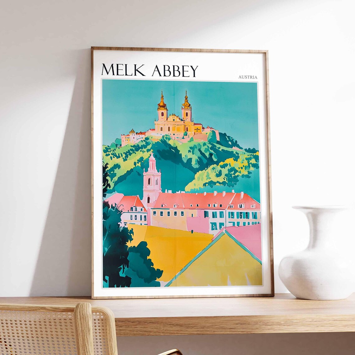 Melk Abbey Austria Twin Towers Above Pastel Town Travel Poster