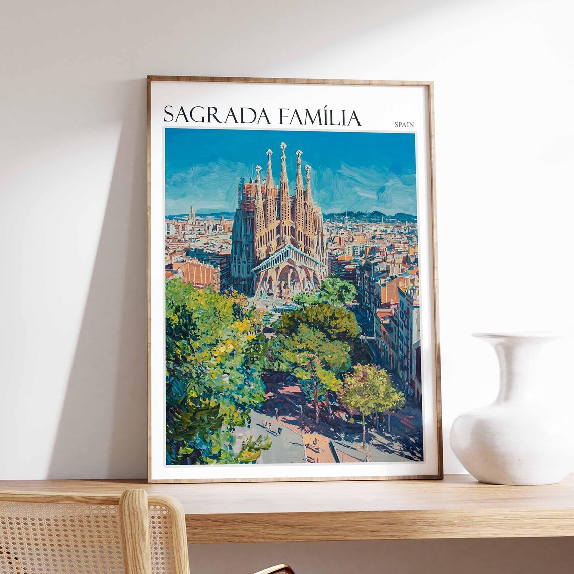 Sagrada Familia Leafy Street View Green City Spain Travel Poster