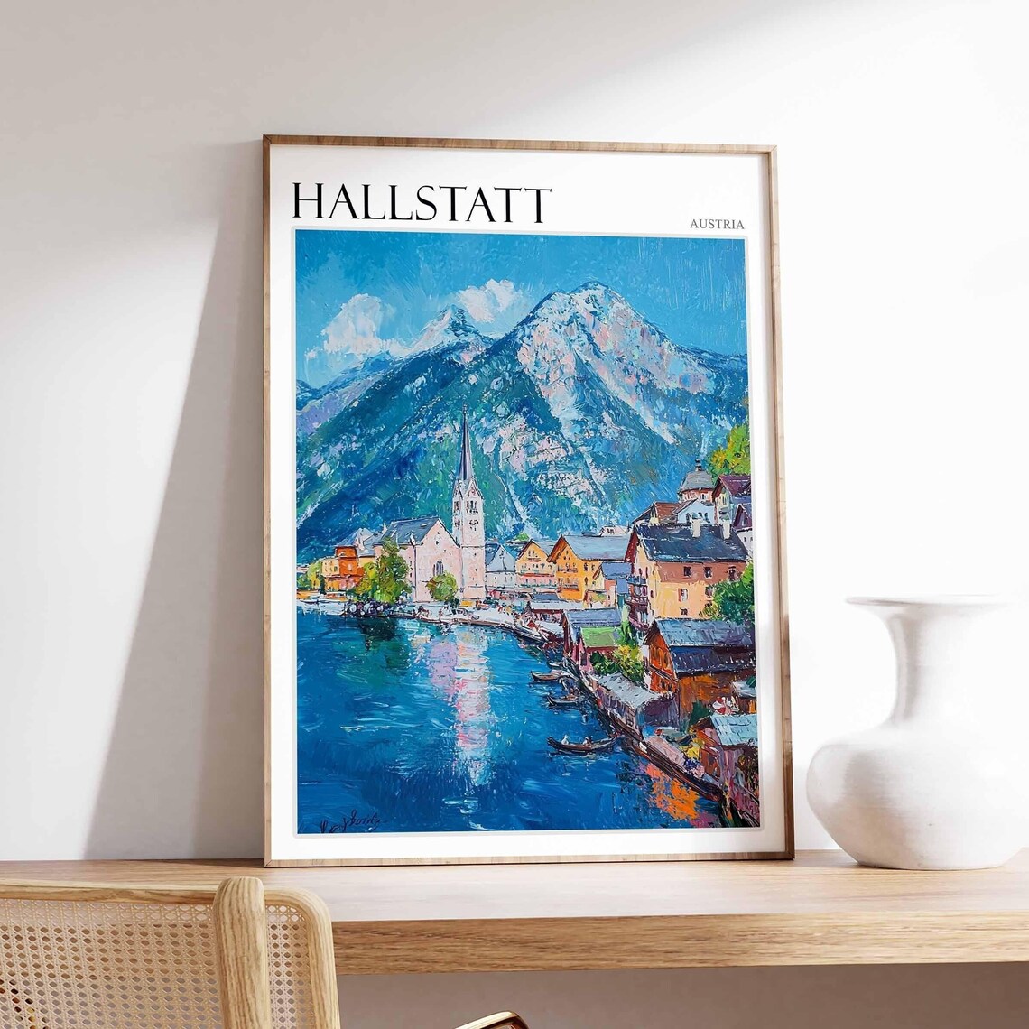 Hallstatt Austria Mountain Peak Village Lake Oil Painting Poster