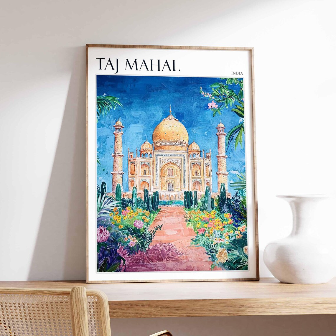 Taj Mahal Flower Garden Walkway Bright Blue Sky Travel Poster