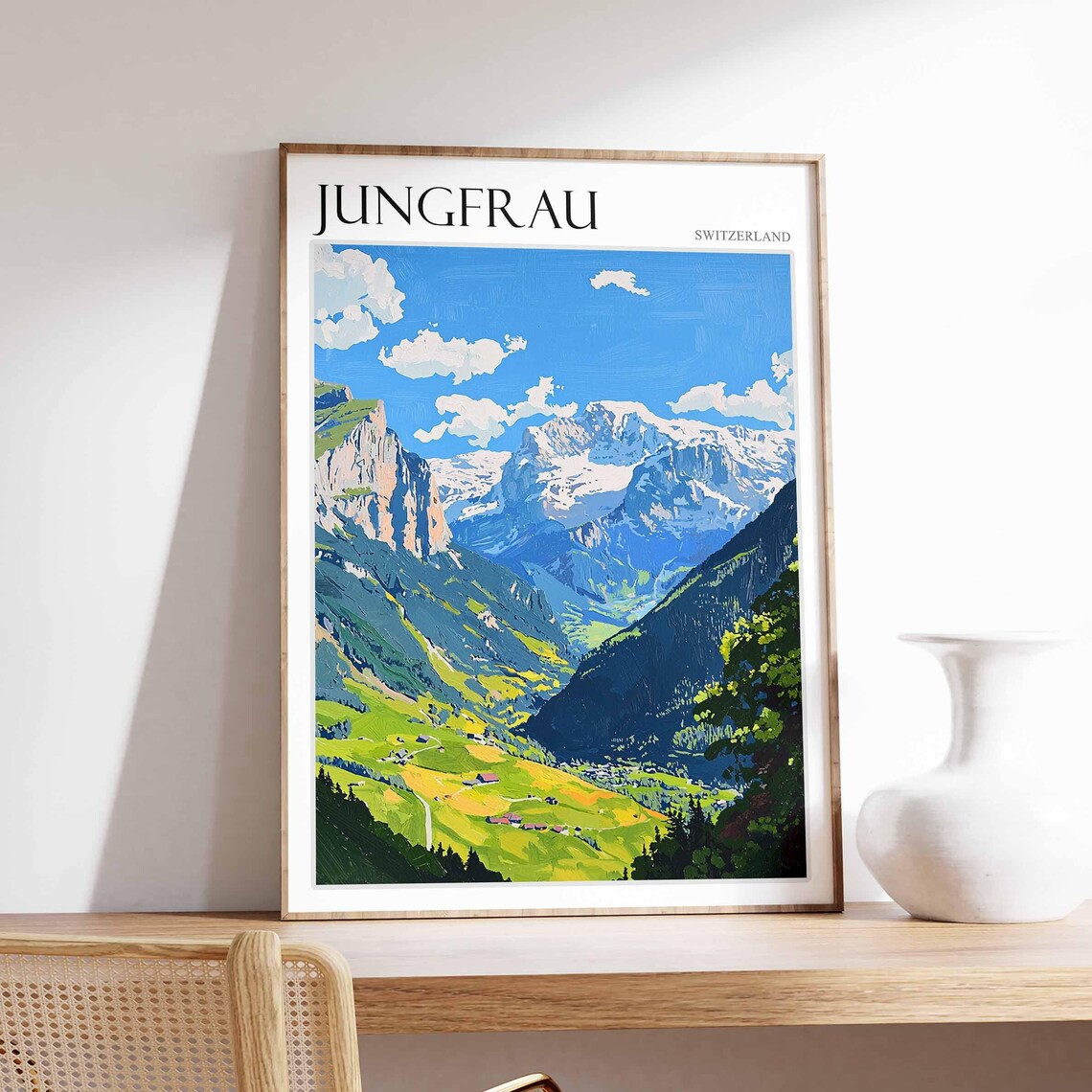 Jungfrau Switzerland Snow Capped Alpine Peaks Valley Scene Poster