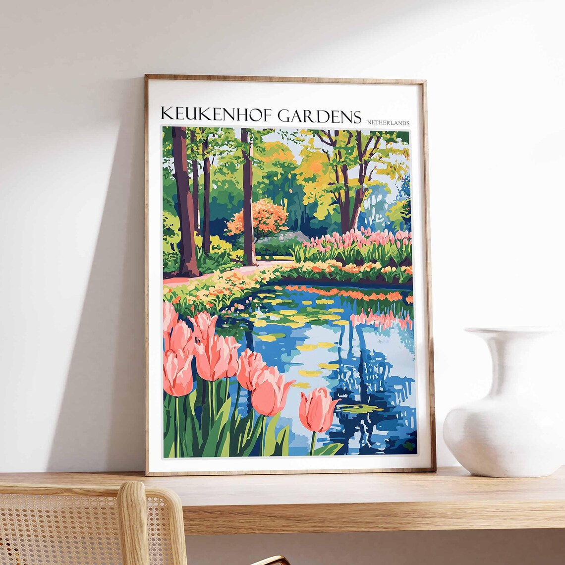 Keukenhof Gardens Netherlands Pink Tulips Monet Style Pond Poster