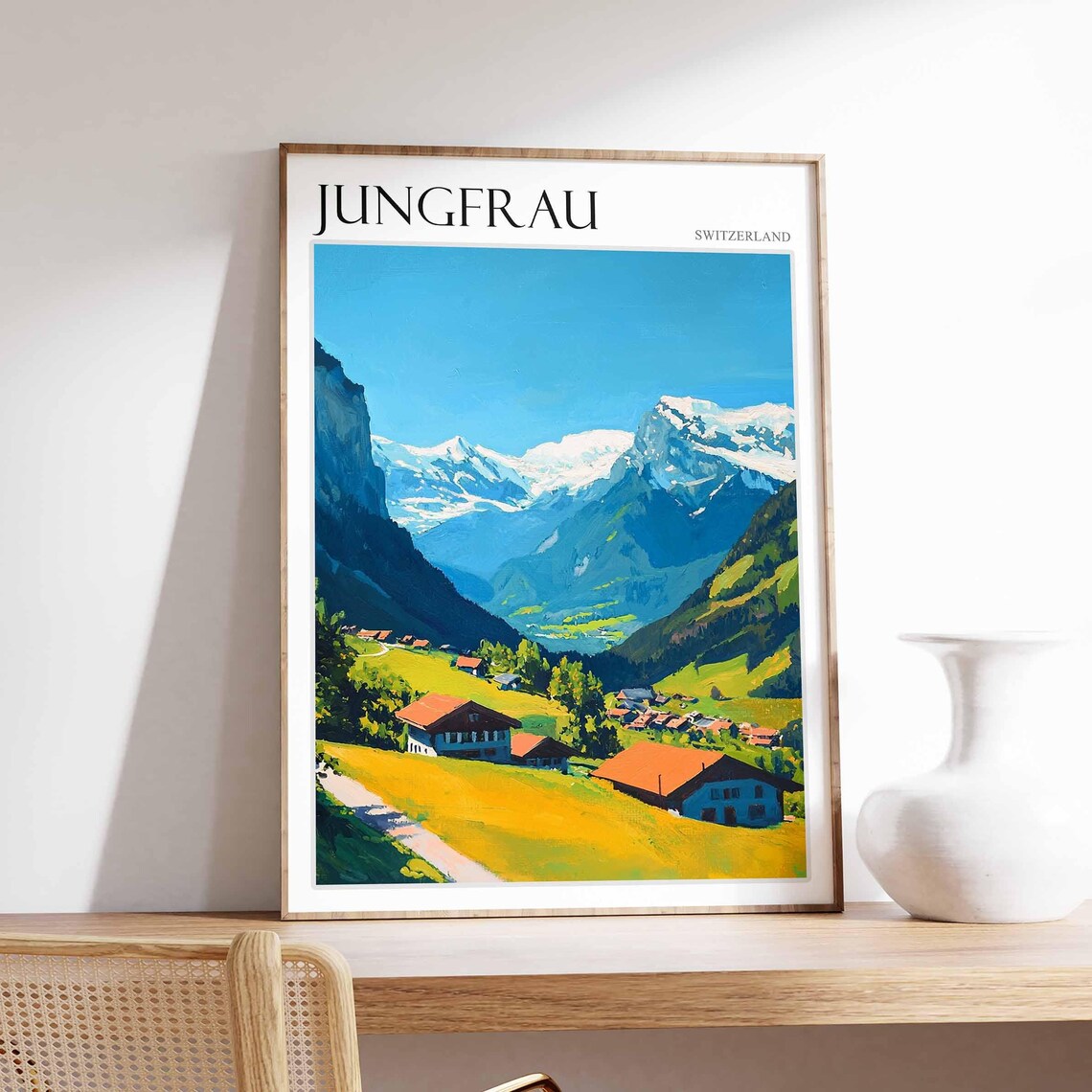 Jungfrau Switzerland Meadow Village Chalets Golden Light Poster