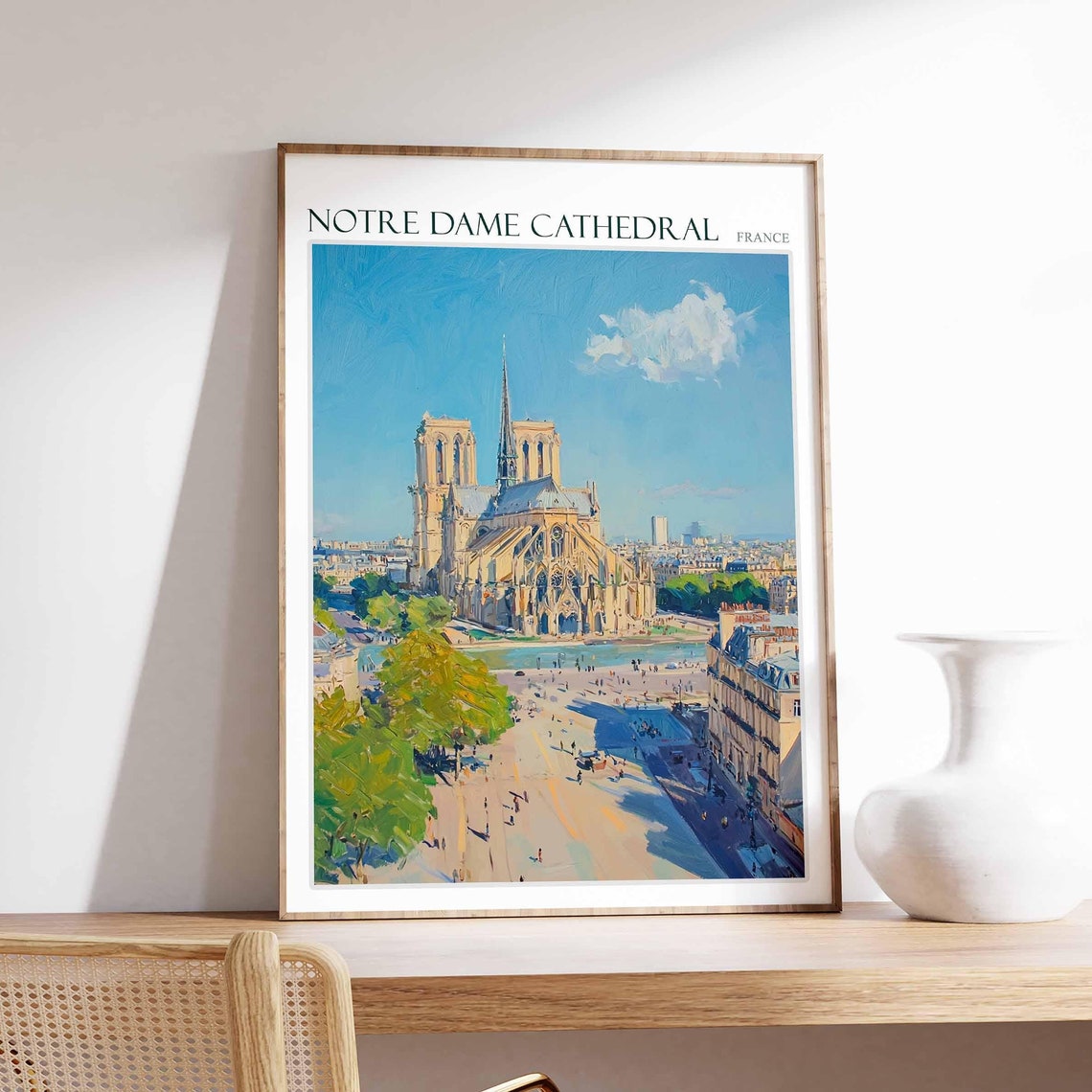 Notre Dame Cathedral Poster Notre Dame Cathedral Travel Print France Travel Poster Tropical Decor Travel Gift Floral Print