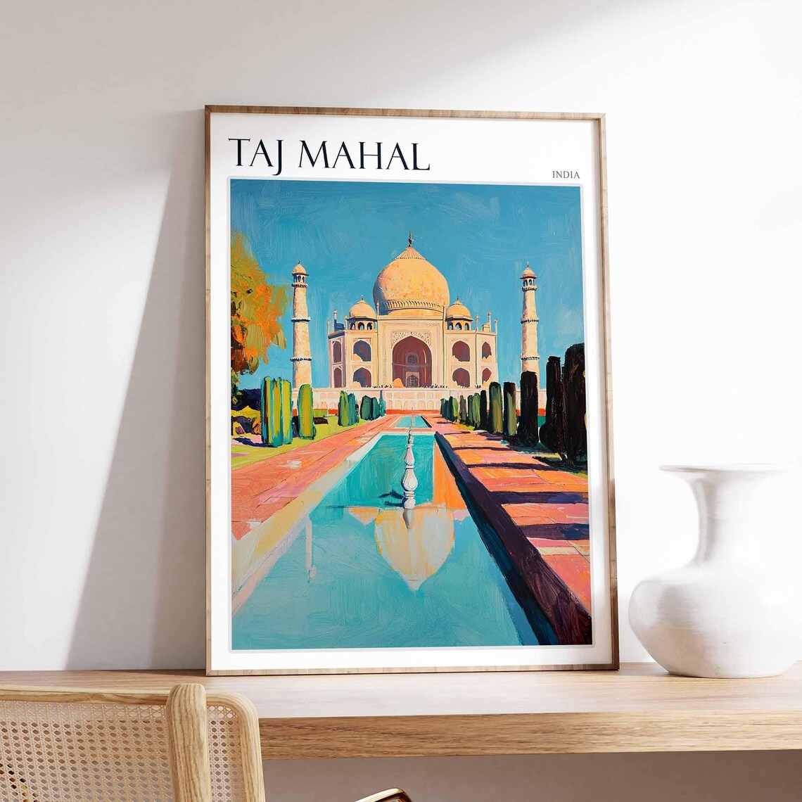 Taj Mahal India Reflecting Pool Fountain Garden Painted Art Poster