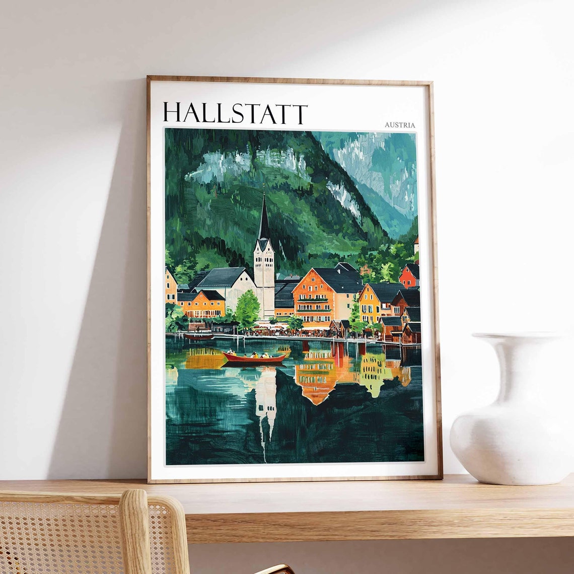 Hallstatt Austria Emerald Lake Church Reflection Painting Poster