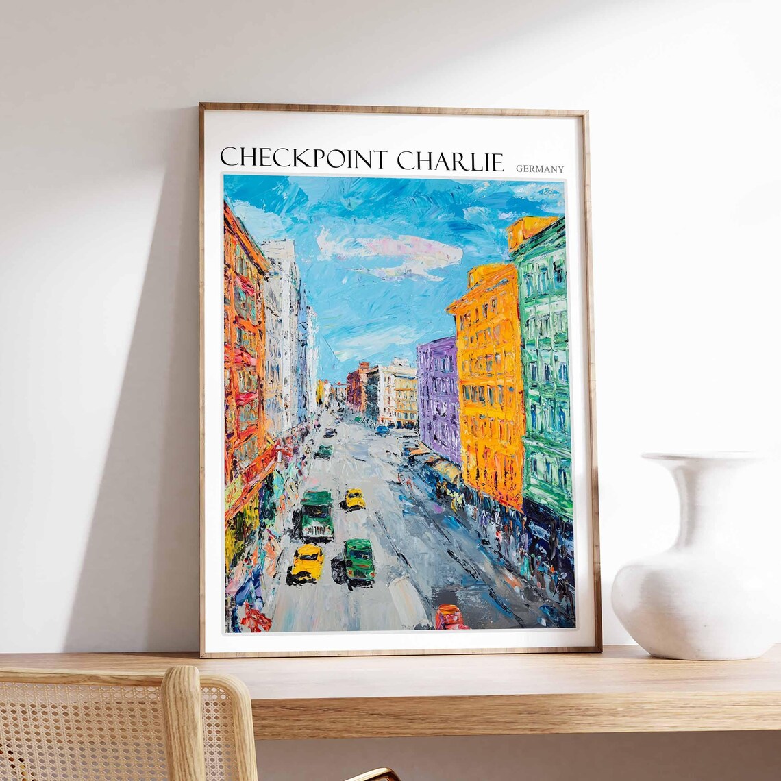 Checkpoint Charlie Berlin Busy Street Vintage Cars Oil Poster
