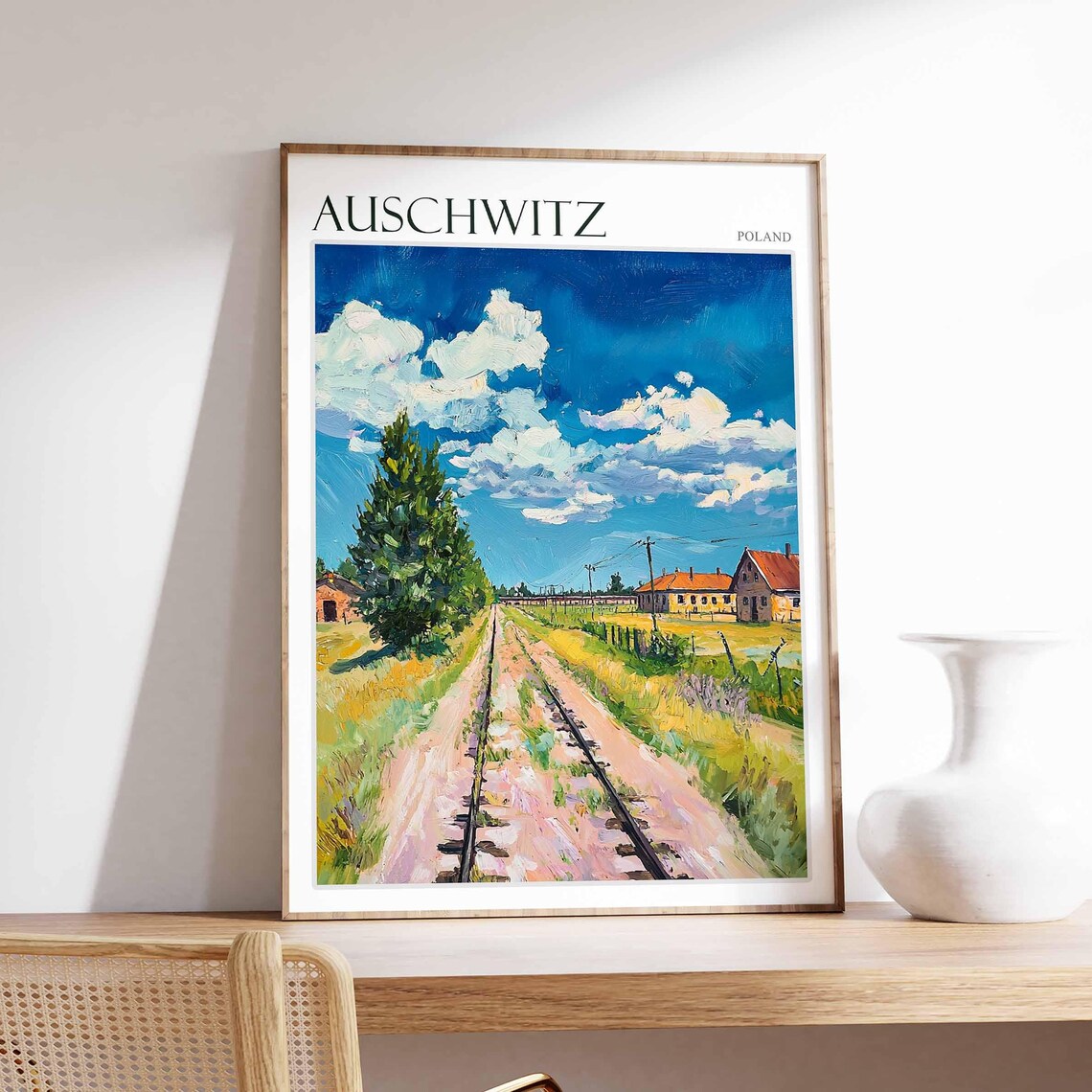 Auschwitz Poland Field Tracks Dramatic Sky Memorial Travel Poster