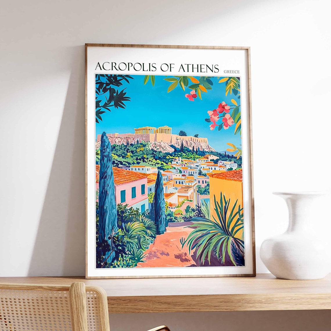 Acropolis Of Athens Poster Acropolis Of Athens Travel Print Greek Travel Poster Botanical Decor Floral Print European Travel Print