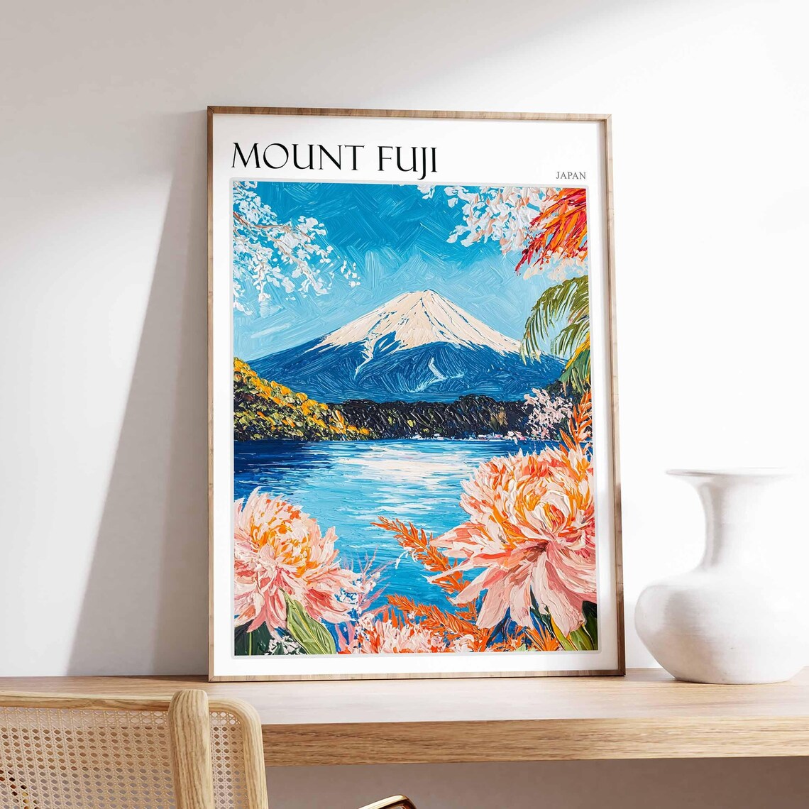 Mount Fuji Japan Cherry Blossoms and Peonies by the Lake Travel Poster