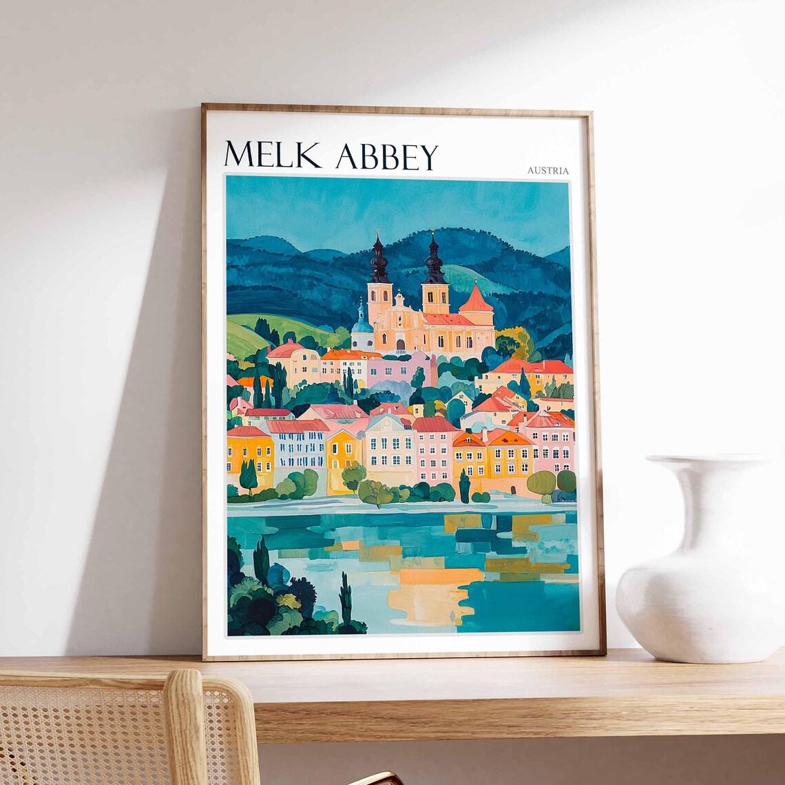Melk Abbey Austria Riverside Reflection Illustration Travel Poster