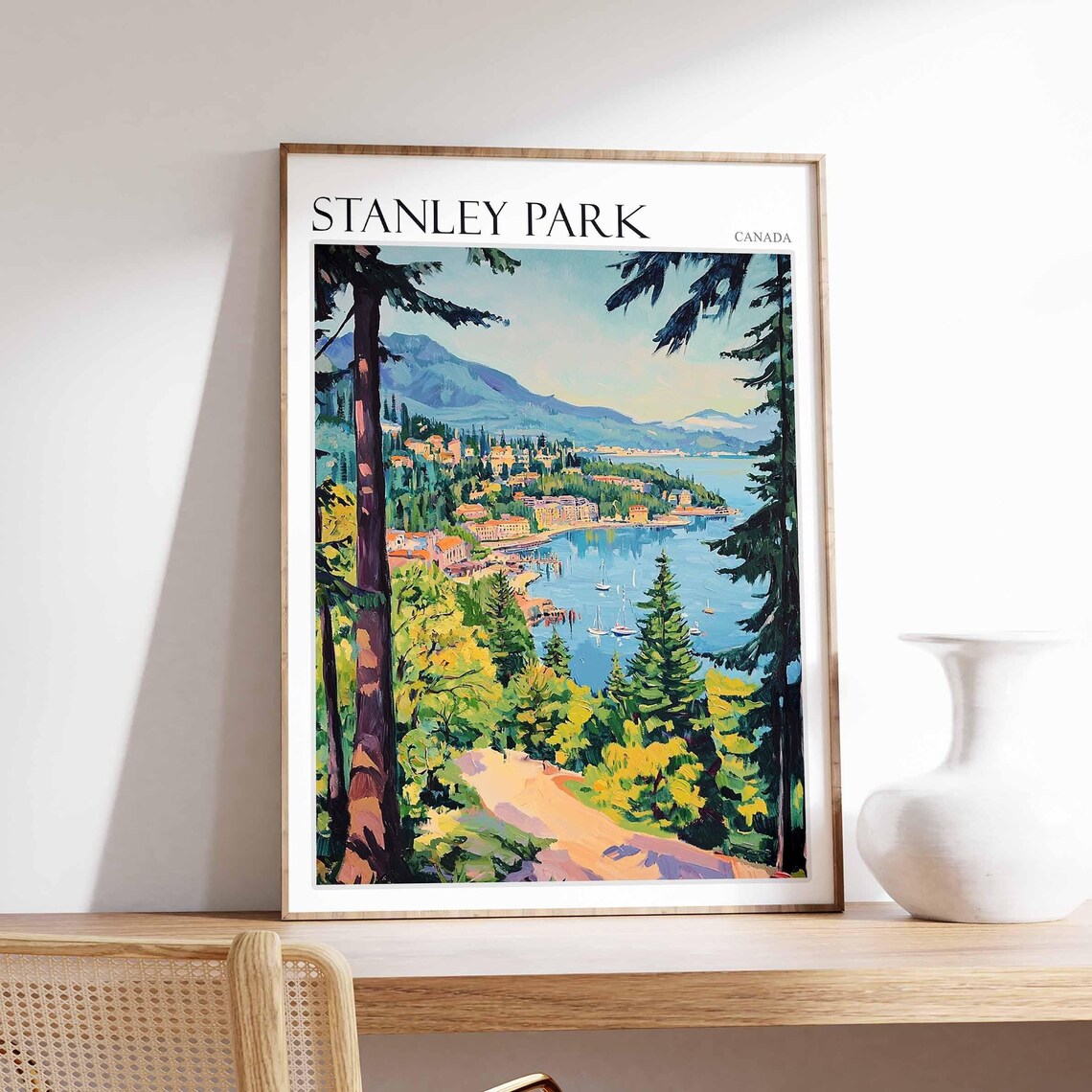 Stanley Park Vancouver Harbor Sailboats Mountains Canada Travel Poster
