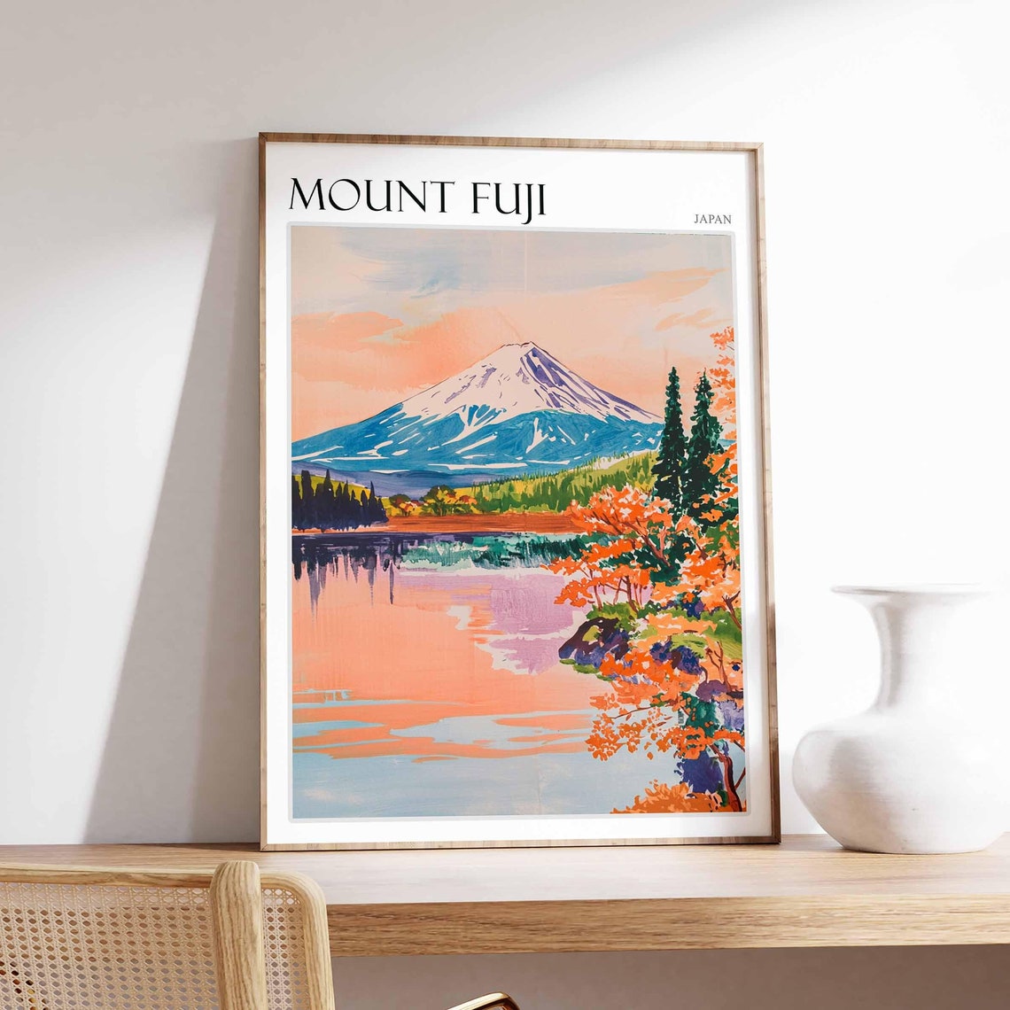 Mount Fuji Japan Lake Reflection Autumn Painted Travel Poster