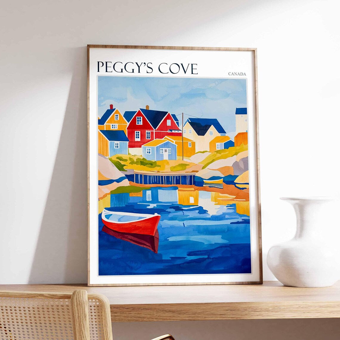 Peggy's Cove Canada Red Boat in Blue Harbour with Houses Poster