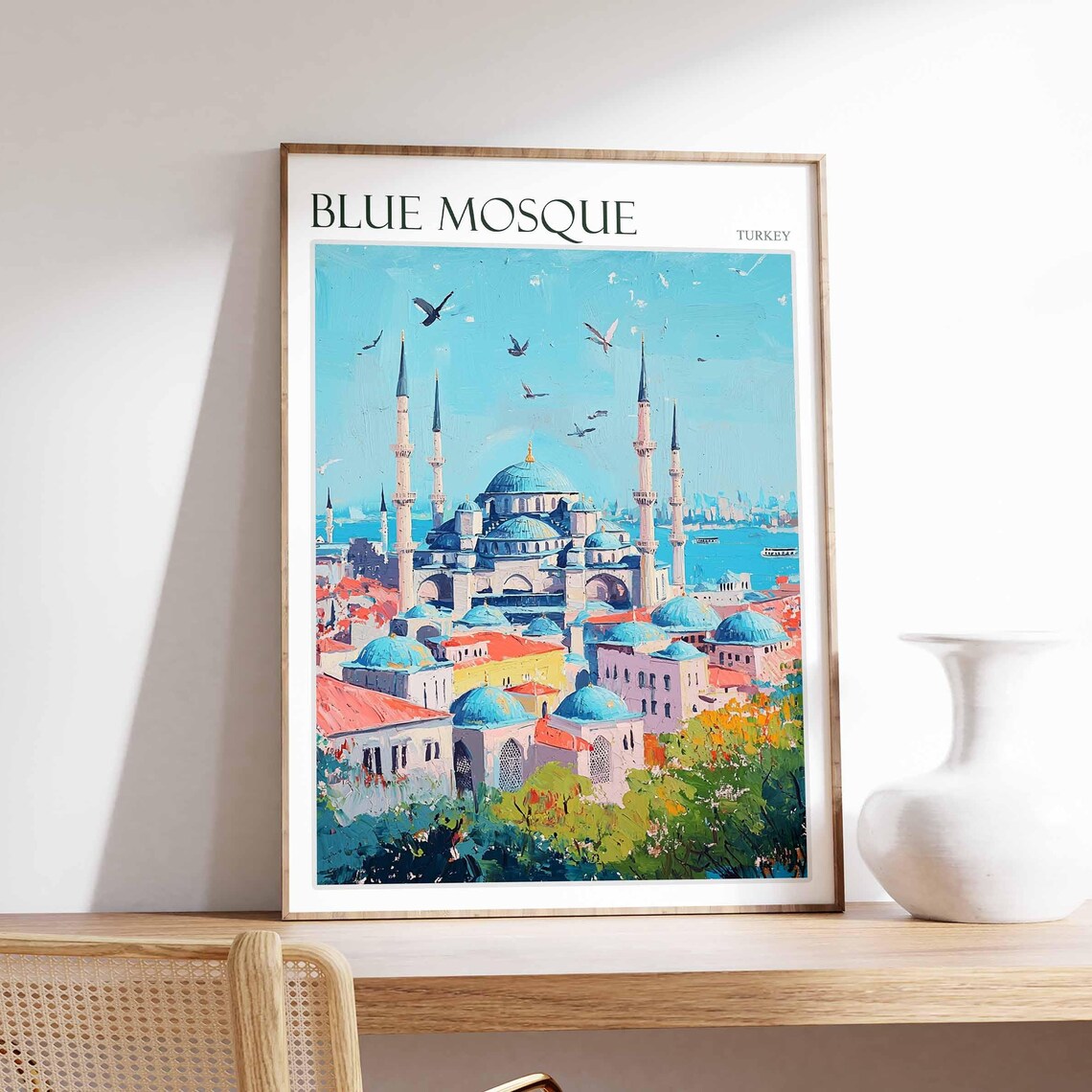 Blue Mosque Old Town Rooftops Birds Flying Painterly Art Poster