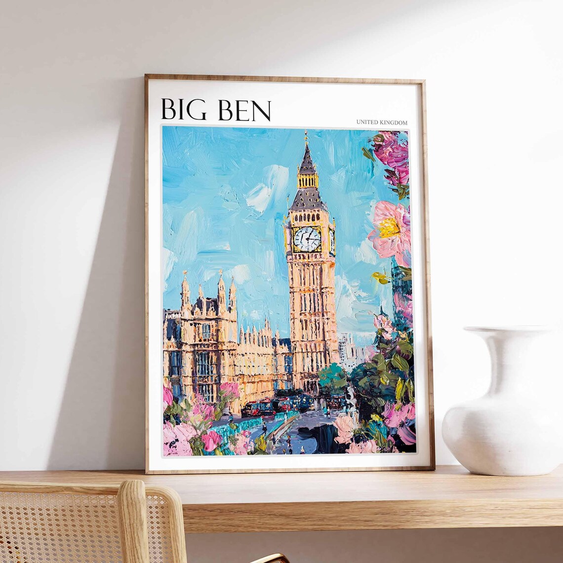 Big Ben United Kingdom Tower Framed by Pink Blossom Flowers Poster