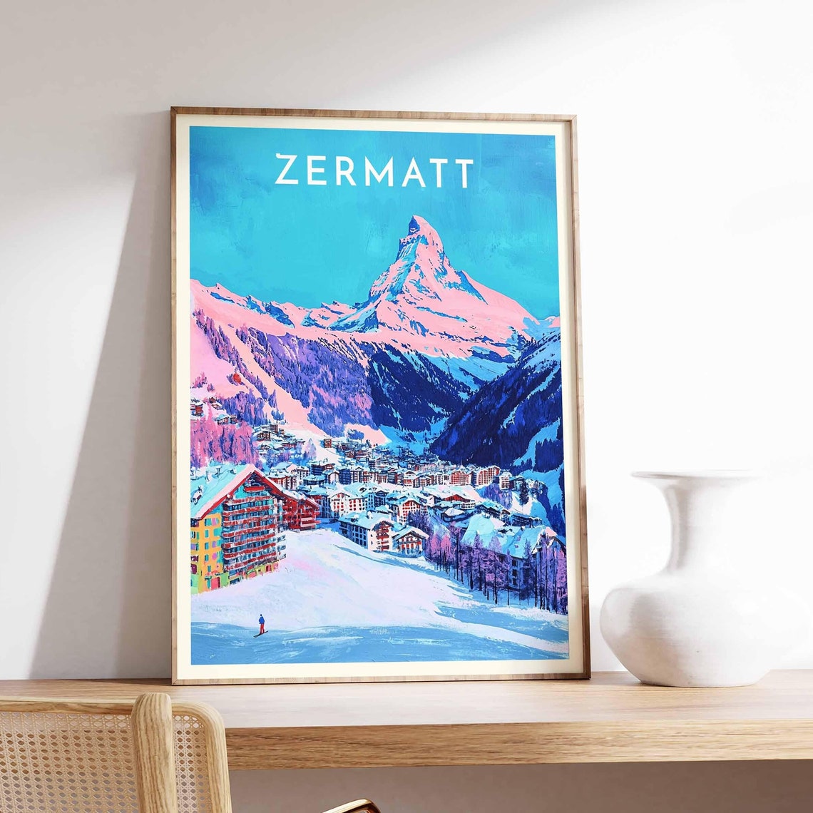 Zermatt Matterhorn Pink Alpenglow Village Skier Snowy Art Poster