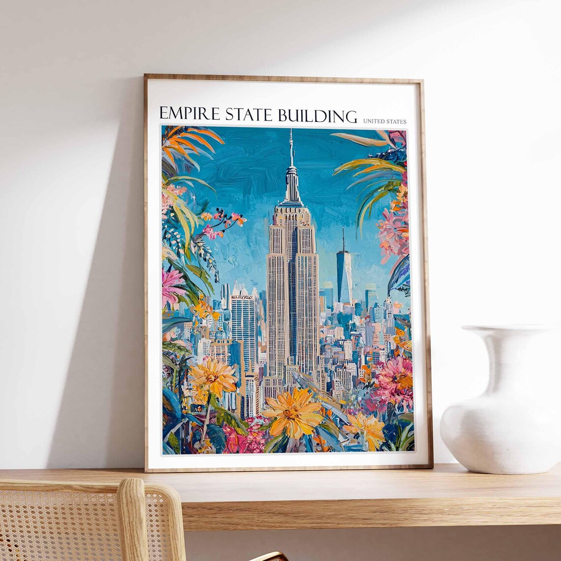 Empire State Building Vibrant Floral Framed NYC Skyline Art Poster