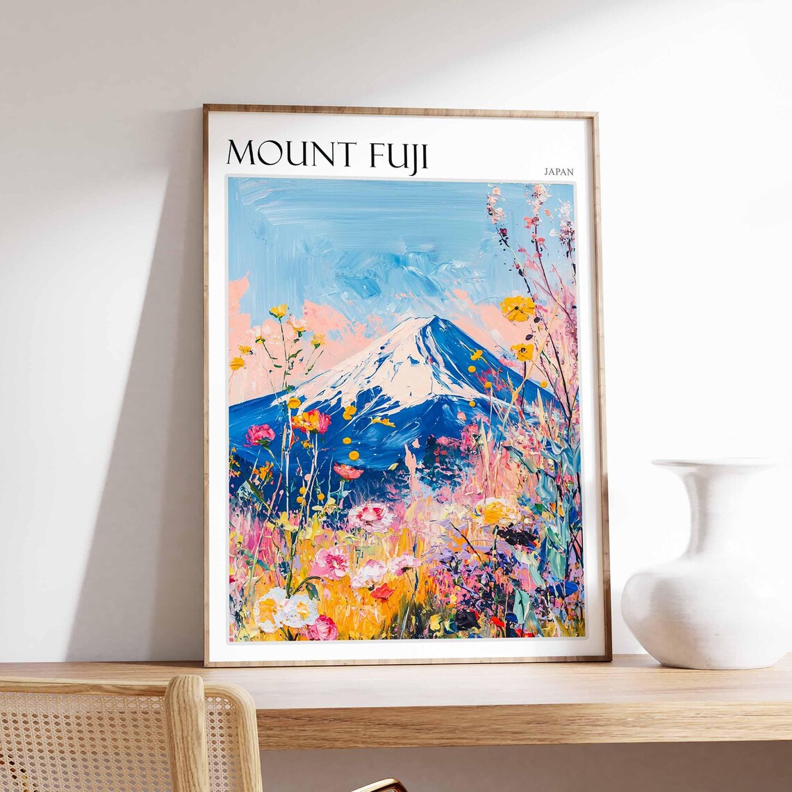 Mount Fuji Japan Pink Wildflower Meadow Spring Bloom Travel Poster