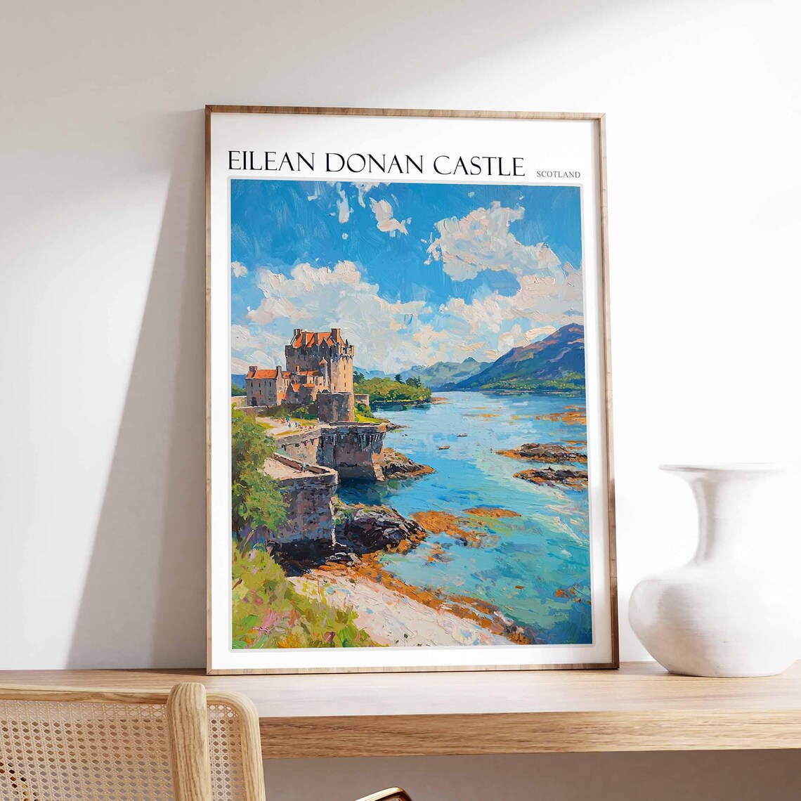 Eilean Donan Castle Scotland Impasto Stone Bridge Cloudy Sky Poster