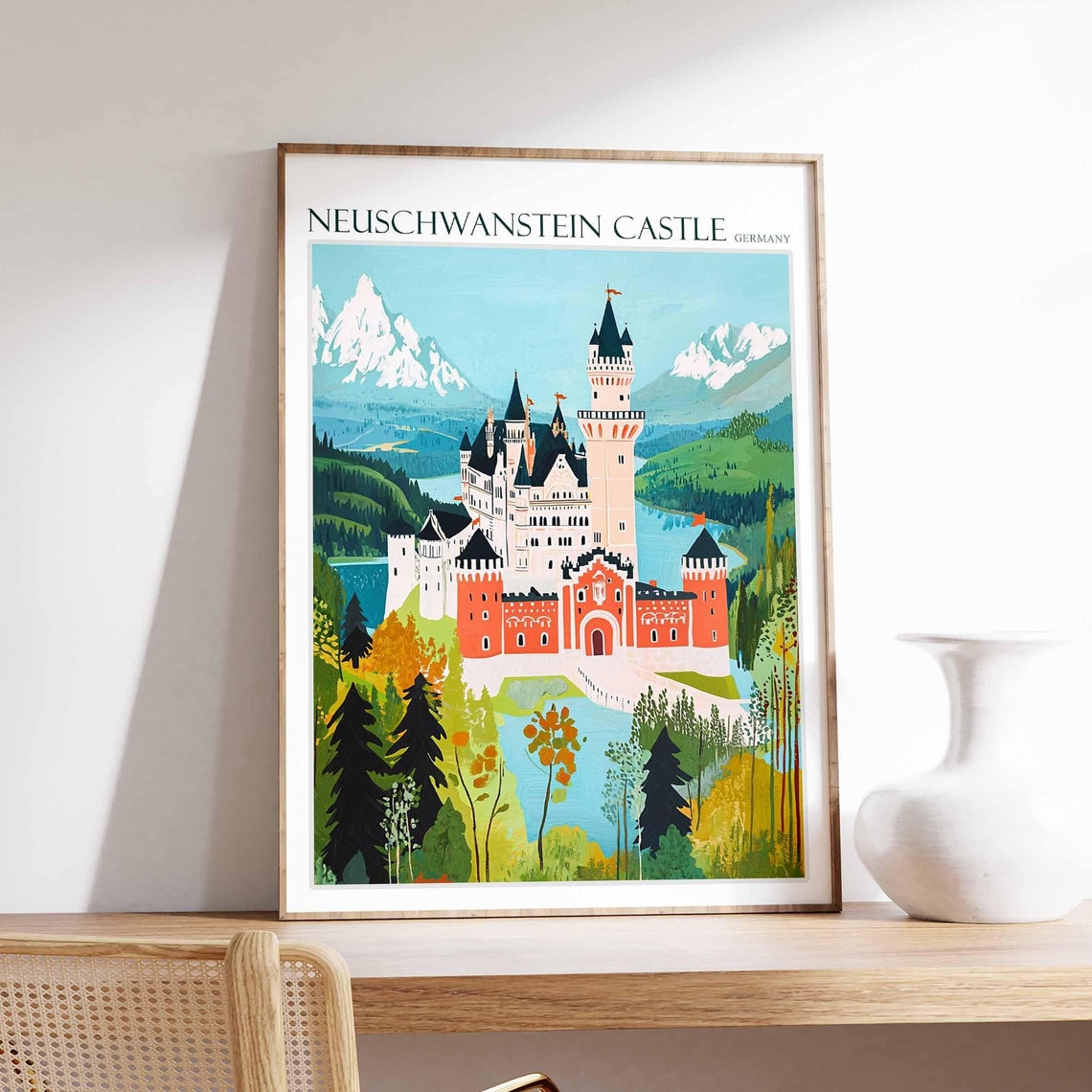 Neuschwanstein Castle Whimsical Flags Flat Illustration Poster