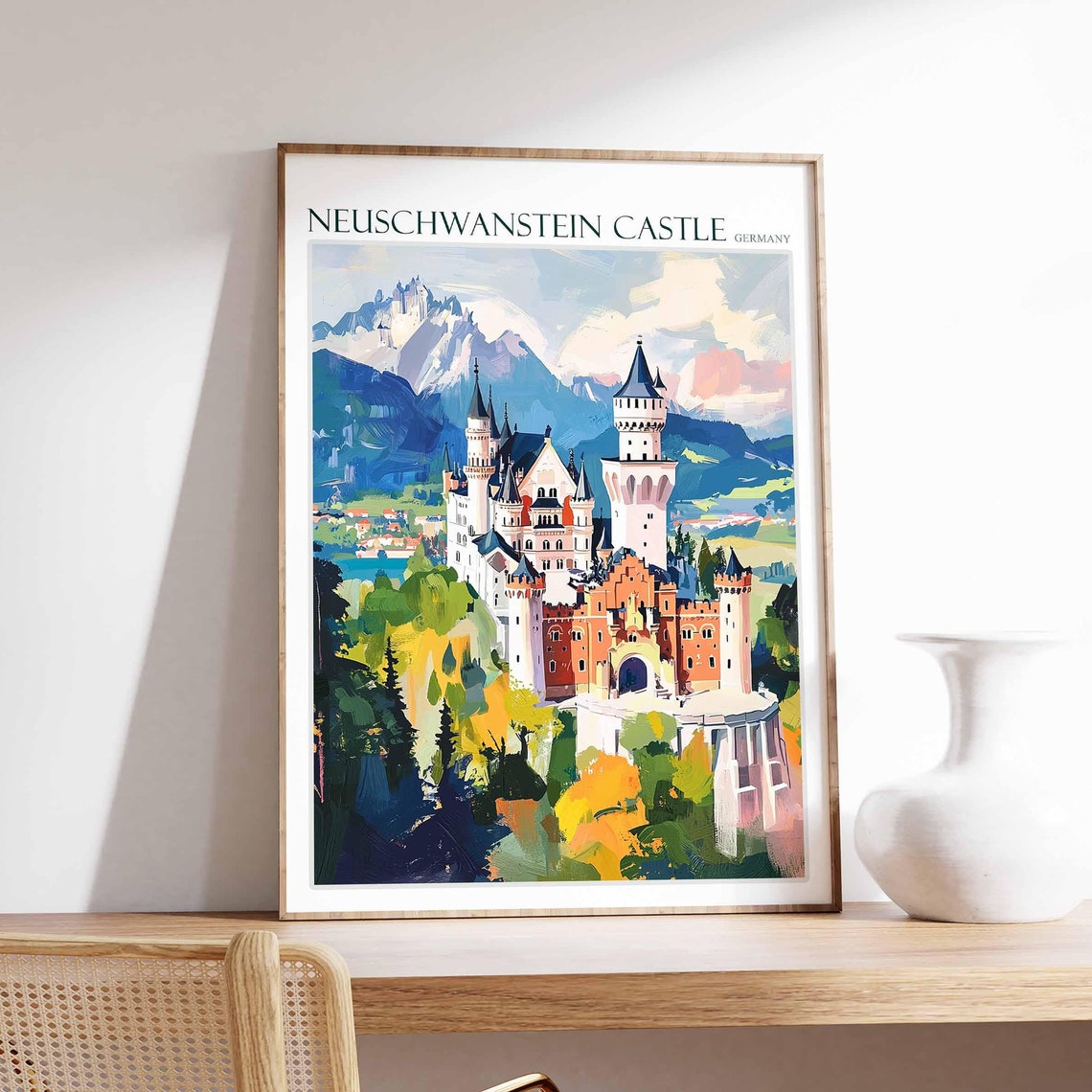 Neuschwanstein Castle Flat Autumn Village Mountains Art Poster
