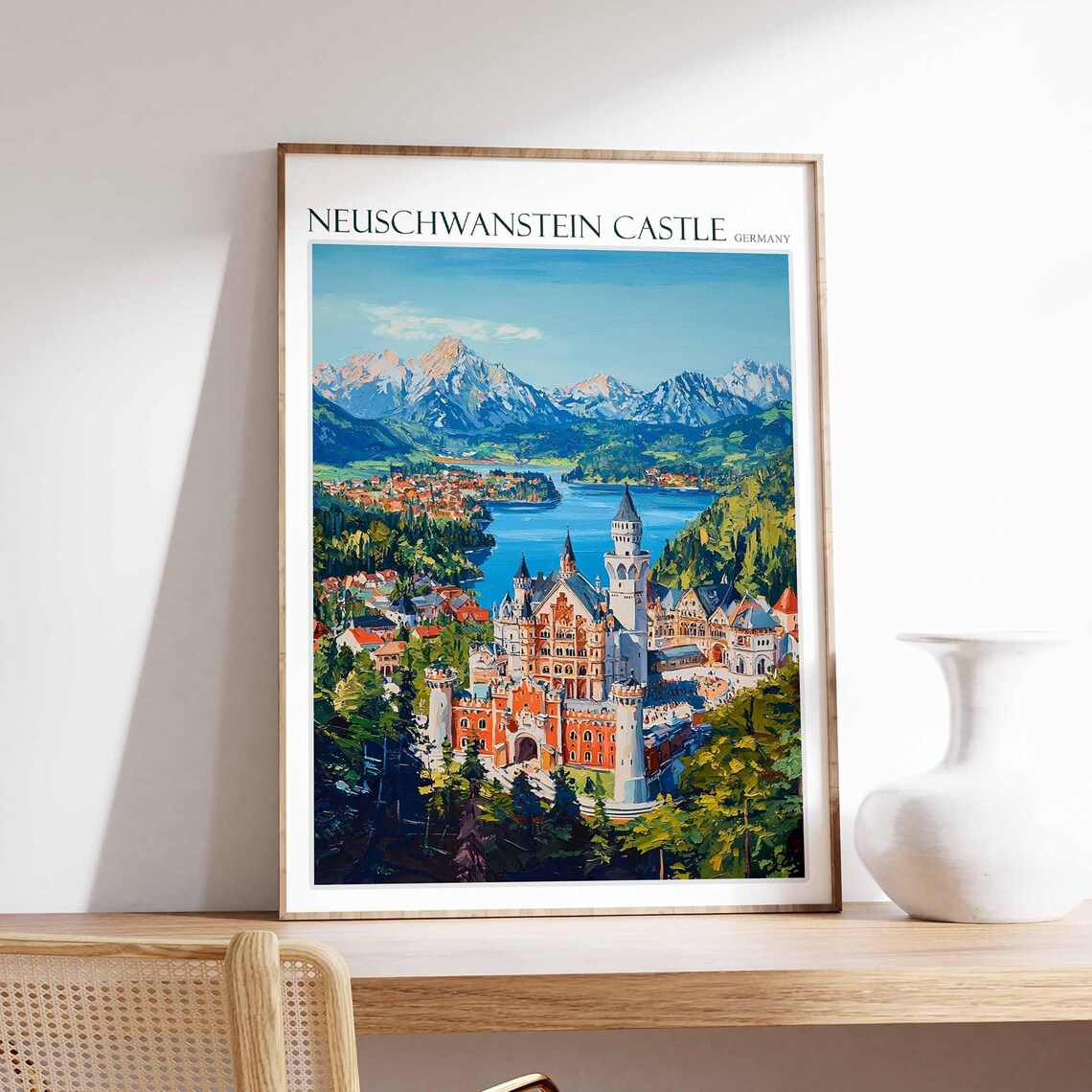 Neuschwanstein Castle Panoramic Lake Village Hills View Poster