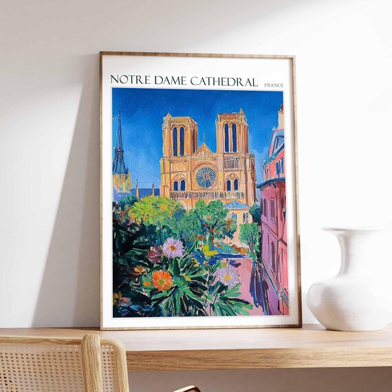 Notre Dame Cathedral Poster Notre Dame Cathedral Travel Print France Travel Poster Tropical Decor Travel Gift Floral Print