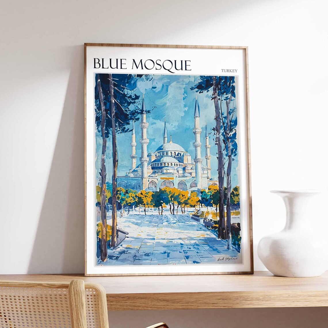 Blue Mosque Istanbul Courtyard Autumn Trees Watercolor Poster