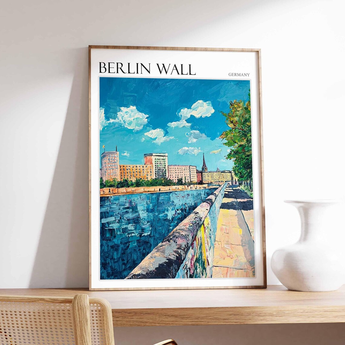 Berlin Wall Germany Riverside Blue Water Cityscape Art Poster