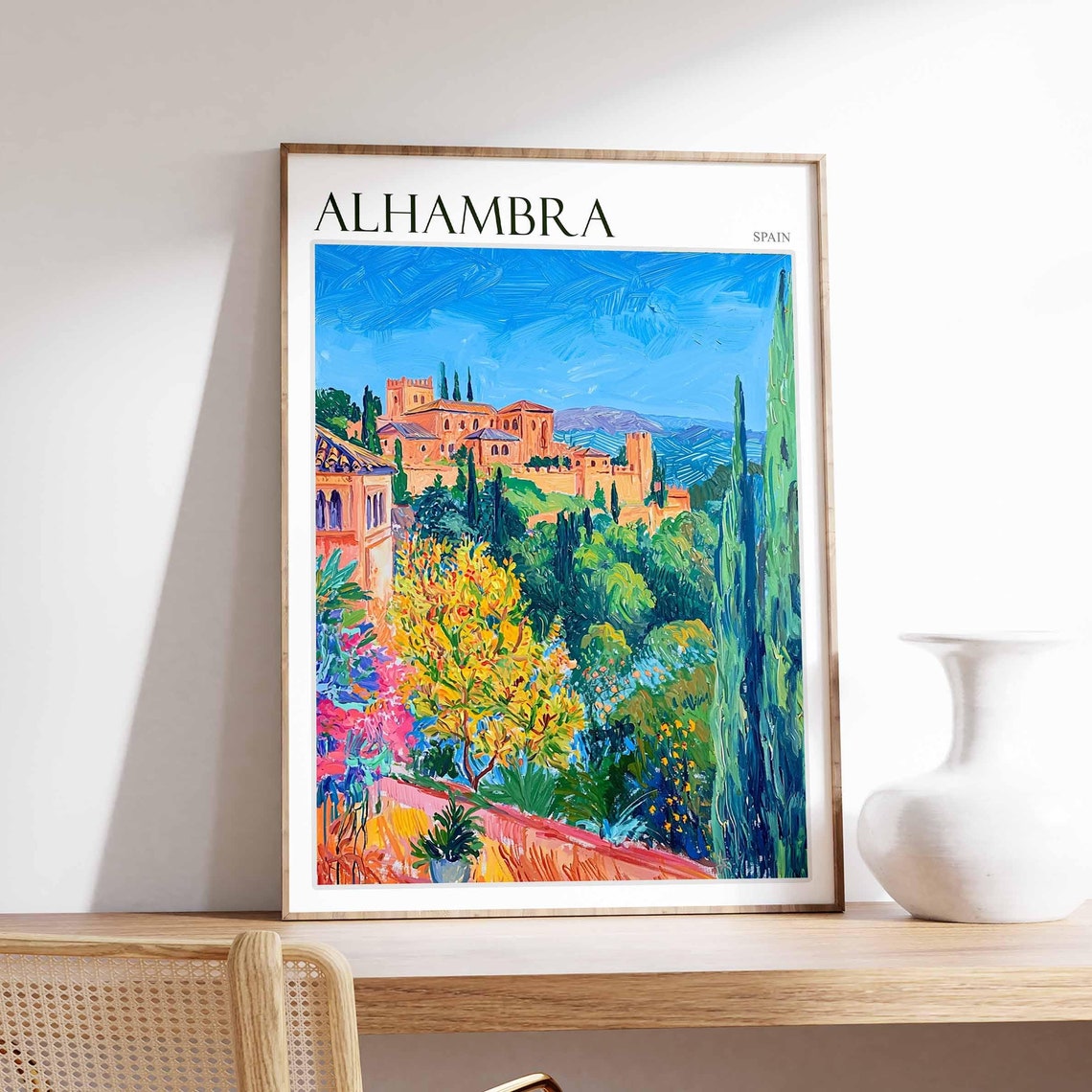 Alhambra Spain Expressive Cypress Bloom Colorful Travel Poster