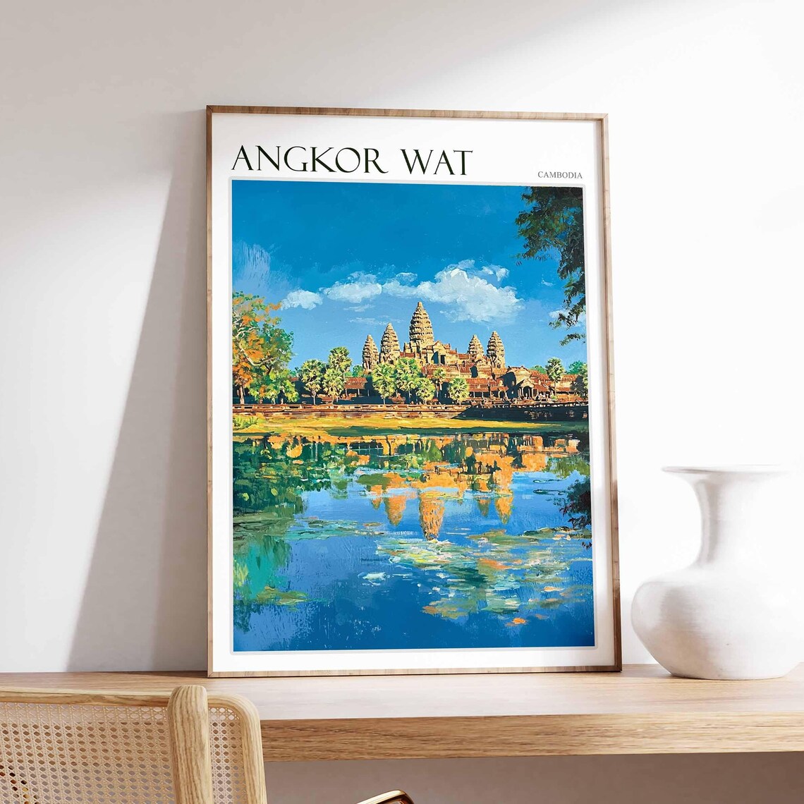 Angkor Wat Cambodia Temple Reflection Serene Watercolor Poster