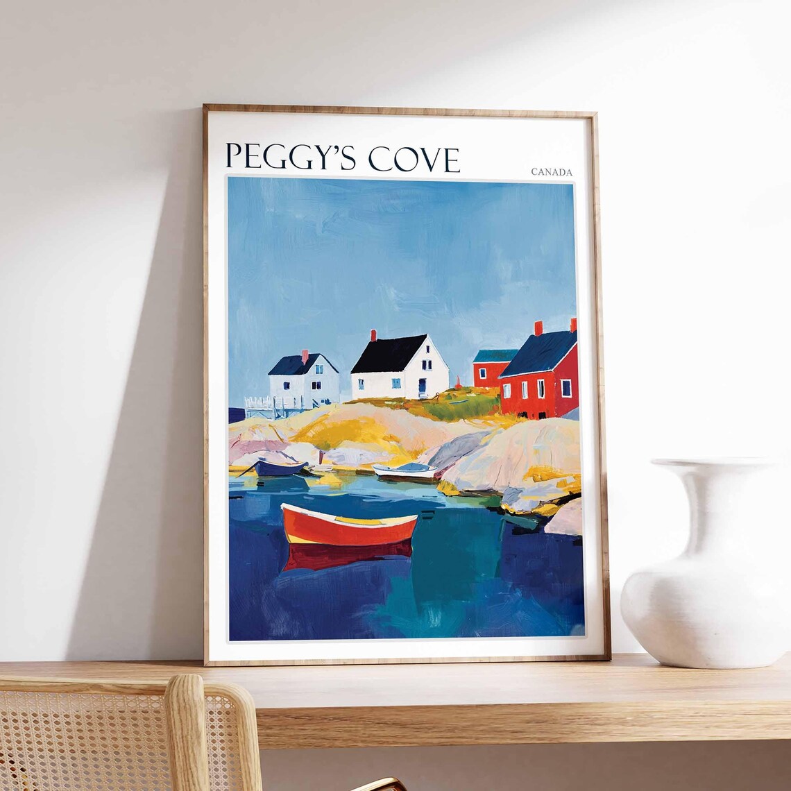 Peggy's Cove Canada Fishing Village with Red Boat and Houses Poster