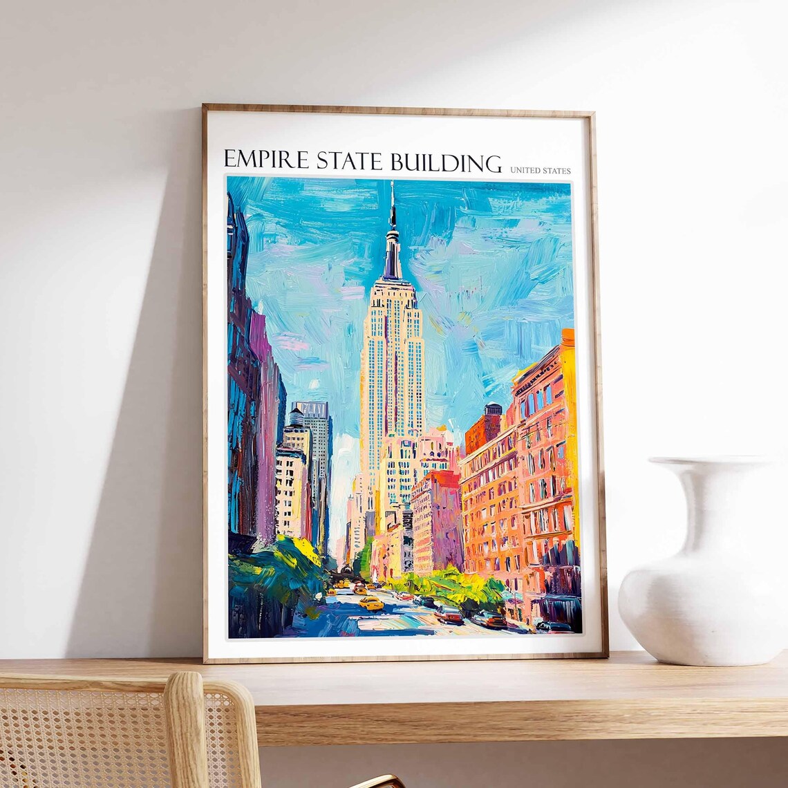 Empire State Building Swirling Blue Sky Manhattan Street Art Poster