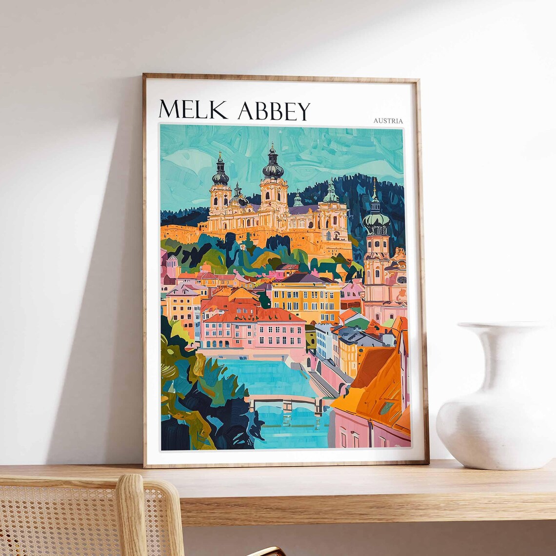 Melk Abbey Austria Golden Towers Close Up Over the River Travel Poster