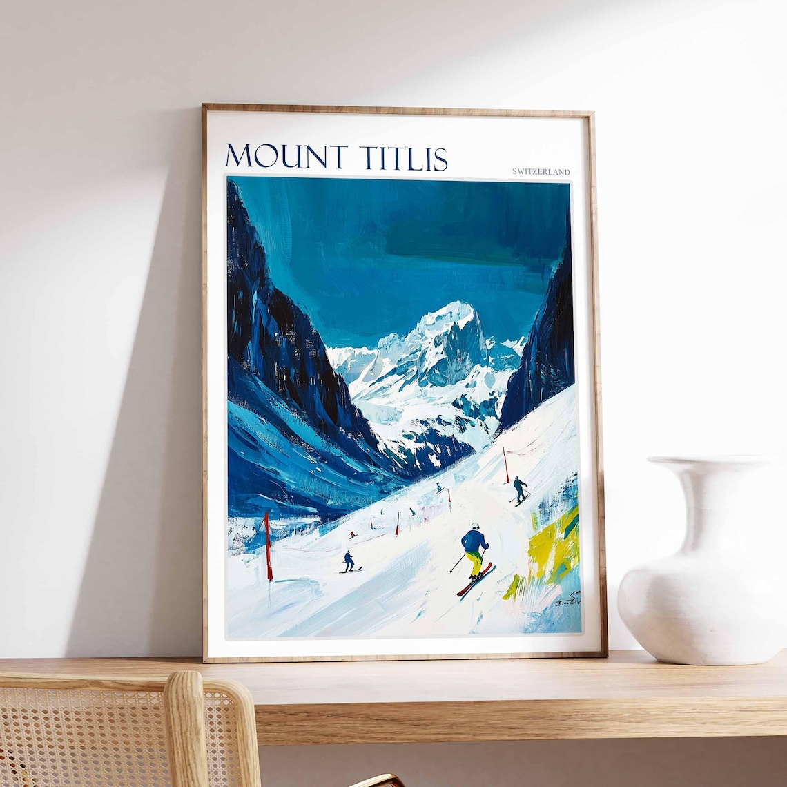 Mount Titlis Switzerland Skiers Powder Slope Winter Scene Poster